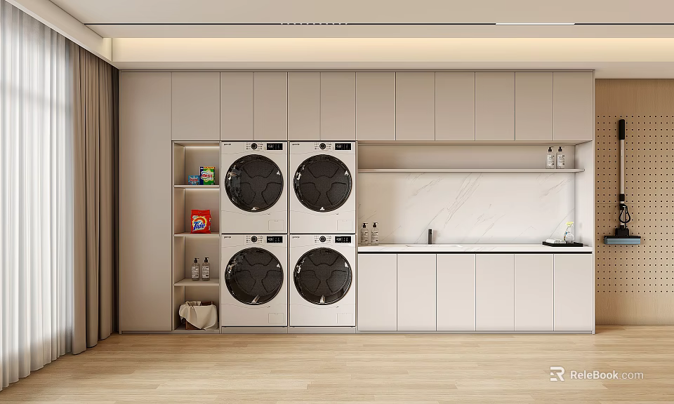 Modern Home Balcony with White Cabinets Marble Countertop Washing Machines Open Shelves and Wooden Flooring 3d model 
