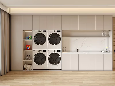 Modern Home Balcony with White Cabinets Marble Countertop Washing Machines Open Shelves and Wooden Flooring 3d model