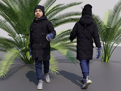 Two Boys Wearing Black Long Down Jackets Blue Pants White Shoes Near Green Palm Trees 3d model