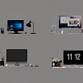 Multiple Computer Monitors Desktop Setup With Lamp Headphones Clock And Office Accessories 3d model