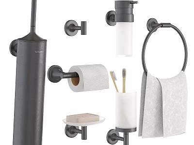Sleek Modern Bathroom Accessories With Toothbrush Holder Towel Ring Toilet Paper Holder And Soap Dish 3d model