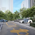 Eco Friendly Parking Lot With Green Trees Parked Cars And Yellow Hexagon Markings