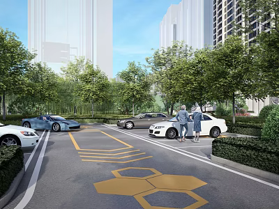 Eco Friendly Parking Lot With Green Trees Parked Cars And Yellow Hexagon Markings 3d model