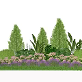 Beautiful Garden Well Trimmed Green Shrubs with Purple Pink Flowers and Broad Leaves