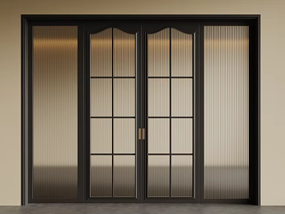 Modern Double Doors Interior Design With Black Frame Grid Glass And Ribbed Sides 3d model