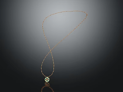 Simple Design Gold Necklace With Thin Chain And Green Gem Pendant 3d model