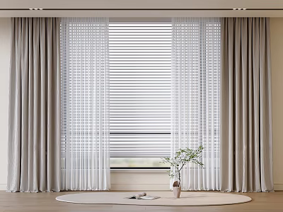 Modern Neutral Tones Curtains With Sheer Panels And Window Blinds In Living Room 3d model