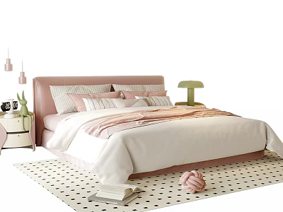 Children's Bed With Pink Headboard White Bedding Striped Blanket Green Lamp And Polka Dot Rug 3d model