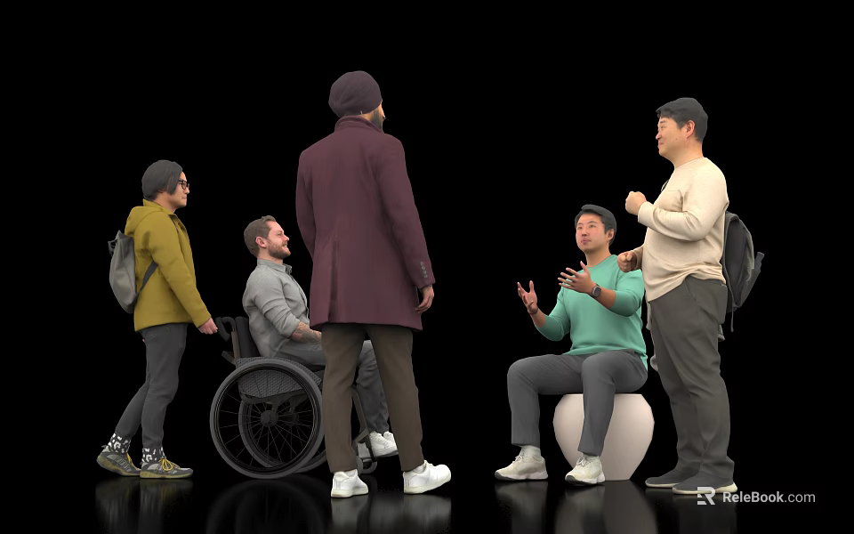 Group of People Interacting with One in Wheelchair and Another on Exercise Ball 3d model 
