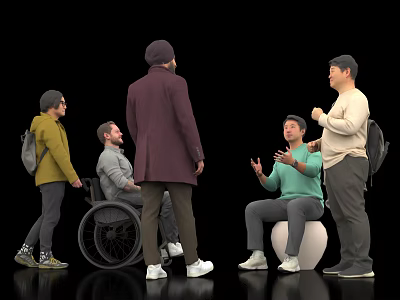 Group of People Interacting with One in Wheelchair and Another on Exercise Ball 3d model