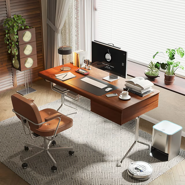 Modern Home Office Workspace With Wooden Desk Office Chair Green Plants And Monitor 3d model 