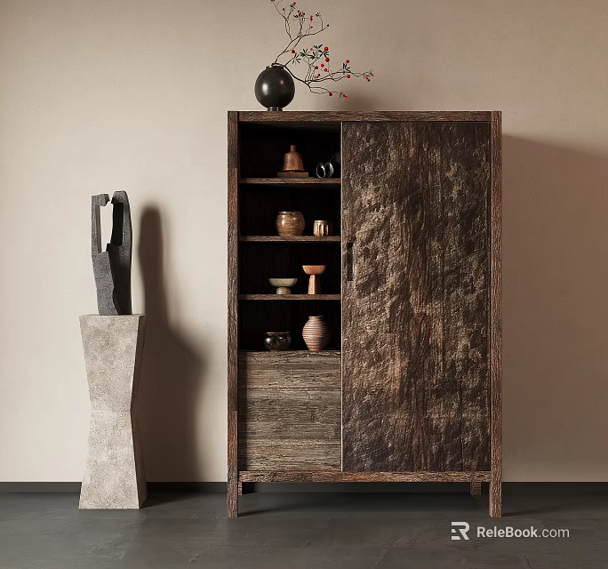 Rustic Wooden Storage Cabinet With Open Shelves Ceramic Pots And Stone Sculpture In Home Interior 3d model 