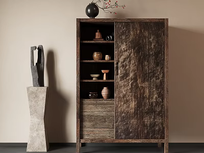 Rustic Wooden Storage Cabinet With Open Shelves Ceramic Pots And Stone Sculpture In Home Interior 3d model