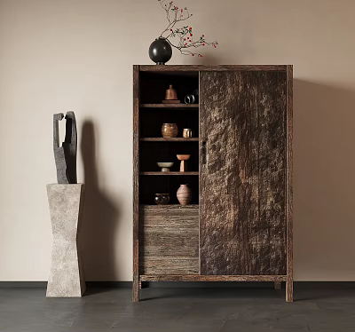 Rustic Wooden Storage Cabinet With Open Shelves Ceramic Pots And Stone Sculpture In Home Interior 3d model