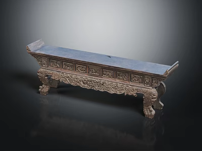 Long Antique Carved Wooden Bench With Intricate Leg Designs And Decorative Patterns 3d model