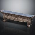 Long Antique Carved Wooden Bench With Intricate Leg Designs And Decorative Patterns