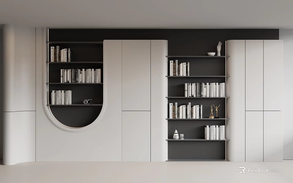 Modern White And Black Built in Bookcase With Circular Opening Holding Books And Decorative Items 3d model 
