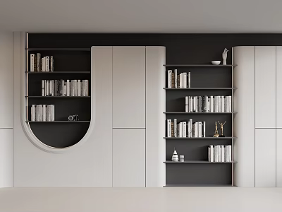 Modern White And Black Built in Bookcase With Circular Opening Holding Books And Decorative Items 3d model