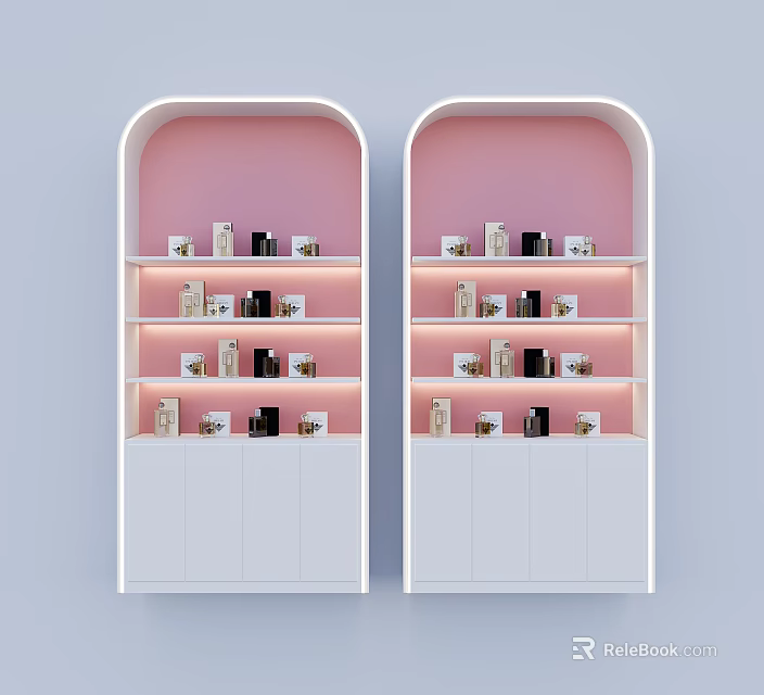 White Display Shelves with Arched Top Pink Background Multi Layered Holding Small Items Bottom Cabinets 3d model 