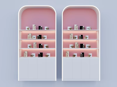 White Display Shelves with Arched Top Pink Background Multi Layered Holding Small Items Bottom Cabinets 3d model