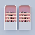 White Display Shelves with Arched Top Pink Background Multi Layered Holding Small Items Bottom Cabinets
