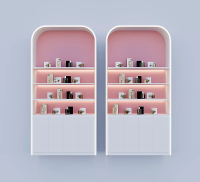 White Display Shelves with Arched Top Pink Background Multi Layered Holding Small Items Bottom Cabinets 3d model