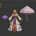 Female Character In Purple White Dress With Hat Purple Fan Pink Umbrella And Flame Patterns