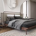 Minimalist Background Double Bed With White Curved Bedhead Circular Relief Side Windows And Bedside Lamps