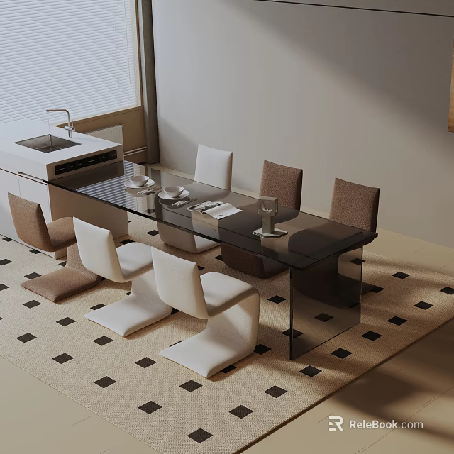 Modern Dining Table Set With Glass Top And White Brown Chairs On Checkerboard Floor 3d model 
