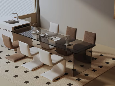 Modern Dining Table Set With Glass Top And White Brown Chairs On Checkerboard Floor 3d model