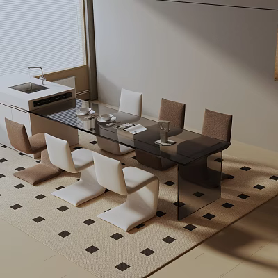 Modern Dining Table Set With Glass Top And White Brown Chairs On Checkerboard Floor 3d model