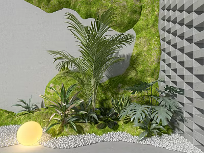 Tropical Indoor Green Space Interior With Moss Covered Walls Pebble Ground And Yellow Globe Light 3d model