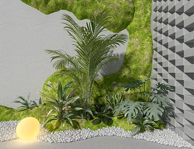 Tropical Indoor Green Space Interior With Moss Covered Walls Pebble Ground And Yellow Globe Light 3d model