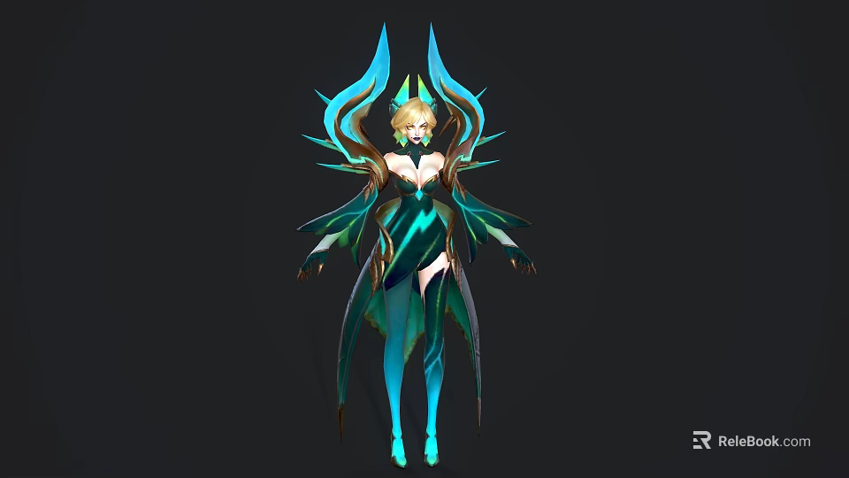 Elegant Fantasy Female Character Design With Mythical Creature Wings And Blue Green Glowing Attire 3d model 