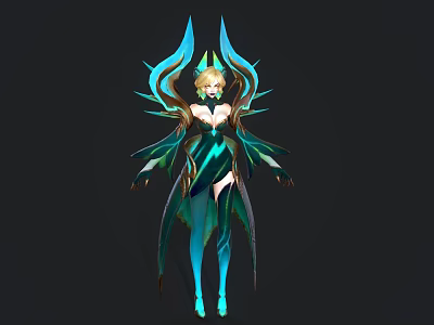 Elegant Fantasy Female Character Design With Mythical Creature Wings And Blue Green Glowing Attire 3d model