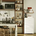 Modern Kitchen Interior With Island Counter Cabinets Appliances Cookware Bottles And Plants