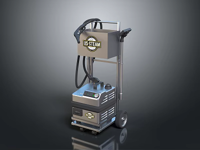 US STEAM Wheeled Computer Equipment With Metal Frame And Black Hose 3d model