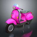 Pink Scooter With Blue Windshield Black Seat And Yellow Indicators On Reflective Surface