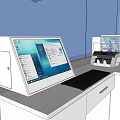 Modern Reception Desk Interior With Computer Monitor Keyboard And Printer On White Countertop
