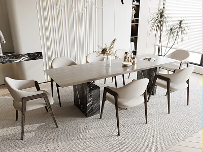 Modern Dining Table And Chair Set With Wooden Top And Marble Base In Minimalist Interior 3d model