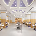 Pediatric Hospital Outpatient Clinic Bright Warm Environment With Purple Ceiling Yellow Columns Tables Chairs