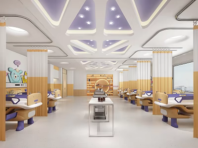 Pediatric Hospital Outpatient Clinic Bright Warm Environment With Purple Ceiling Yellow Columns Tables Chairs 3d model