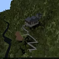 Ancient Architecture Nestled in Lush Mountain Forest With Serene River and Winding Pathway