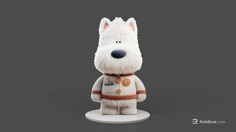 White Fluffy Game And Movie Character With Big Ears Black Nose Orange Striped Outfit 3d model 