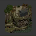 Rural Landscape Model With Stone House Orange Leaved Trees Green Pines Pathway And Water Area