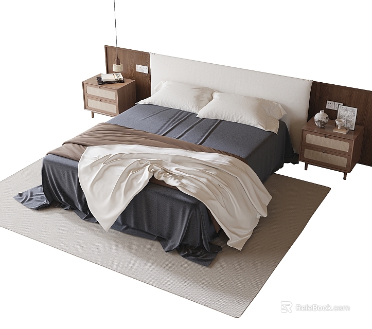 Modern Double Bed With Soft Bedding Pillows And Wooden Nightstands on Beige Rug 3d model 