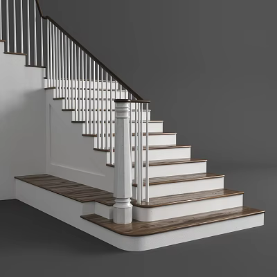 Modern Interior Staircase Design With White Railings And Wooden Treads 3d model