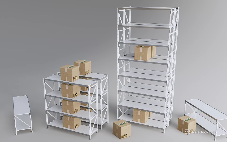 White Storage Shelves With Multiple Tiers And Cardboard Boxes For Organized Storage 3d model