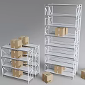 White Storage Shelves With Multiple Tiers And Cardboard Boxes For Organized Storage 3d model