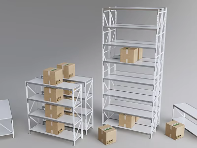 White Storage Shelves With Multiple Tiers And Cardboard Boxes For Organized Storage 3d model